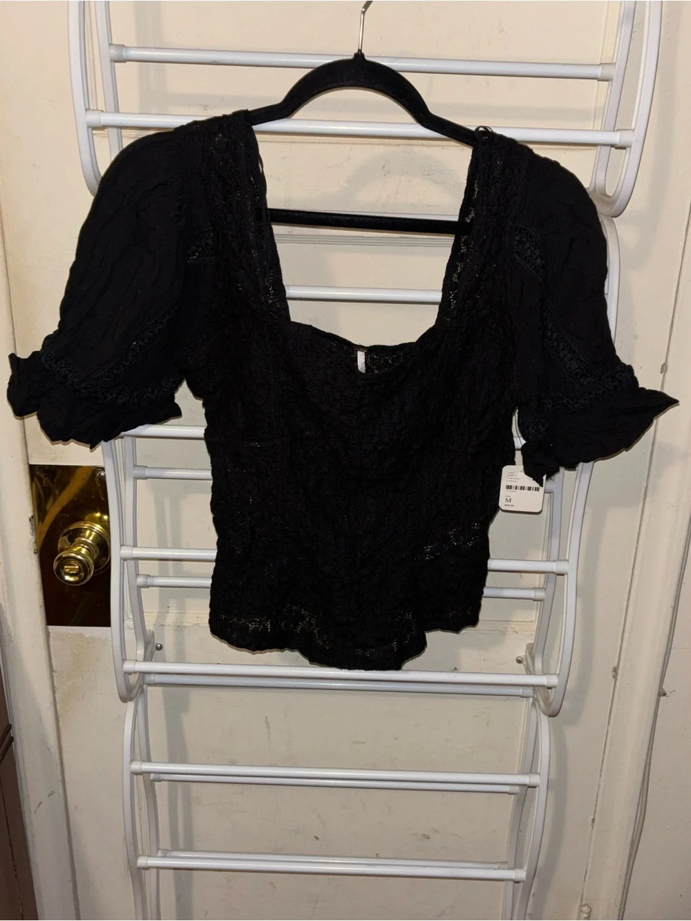 Free People Black Lace Puff Sleeve Crop Top Grunge Dark Romantic Goth